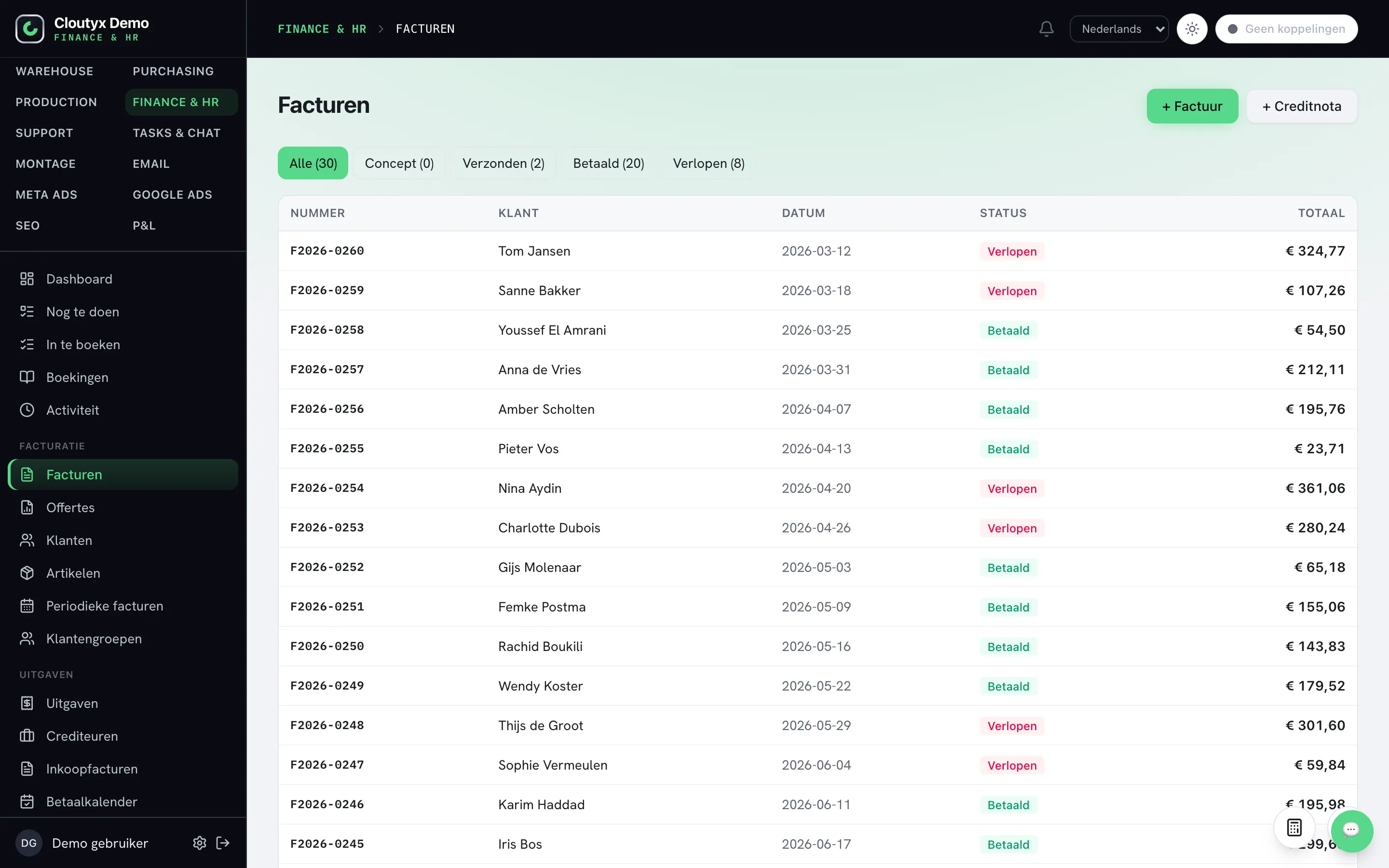 Het Finance-dashboard met openstaande facturen en cashflow.