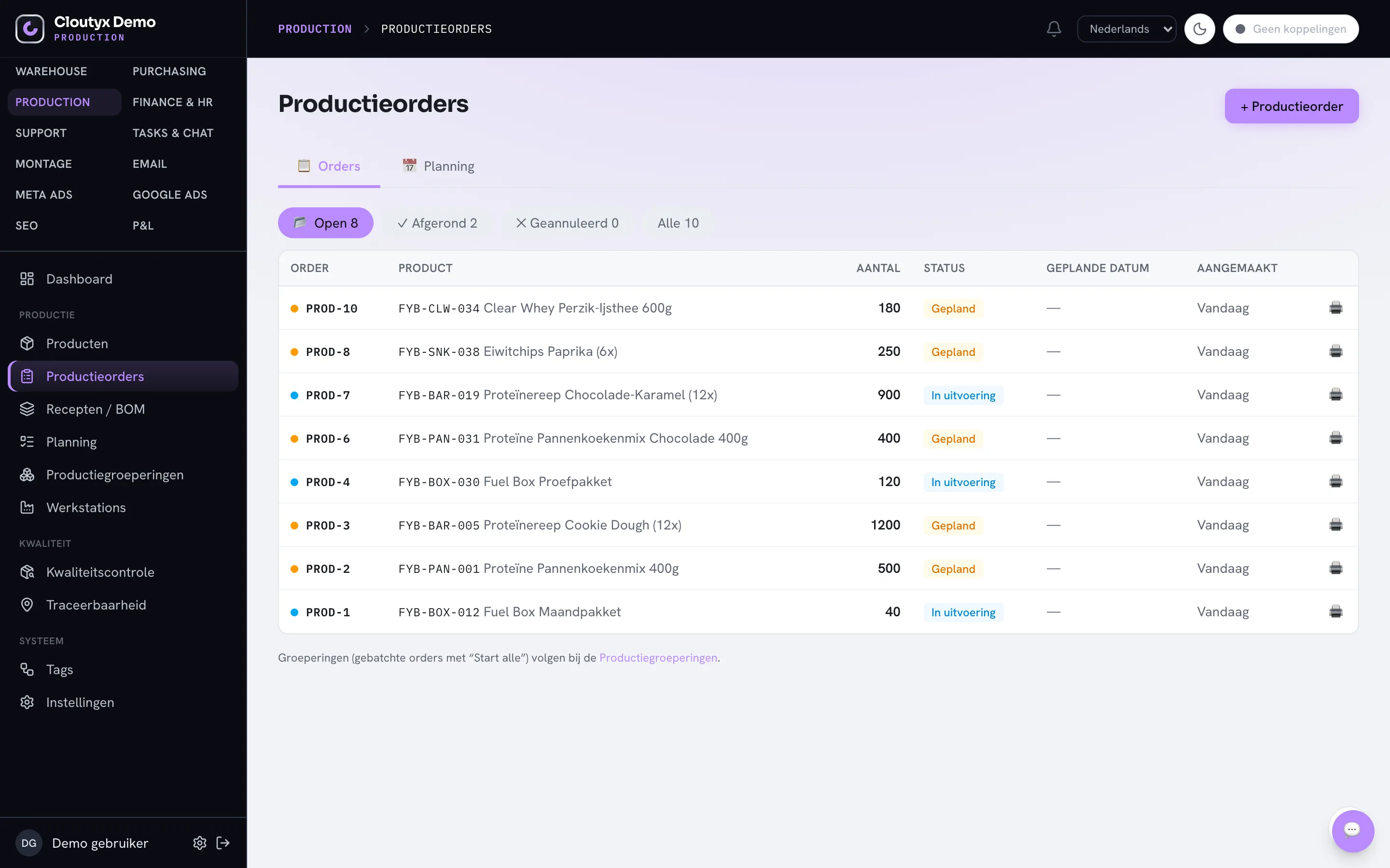 Het productieorders-overzicht met de status en planning per werkorder.