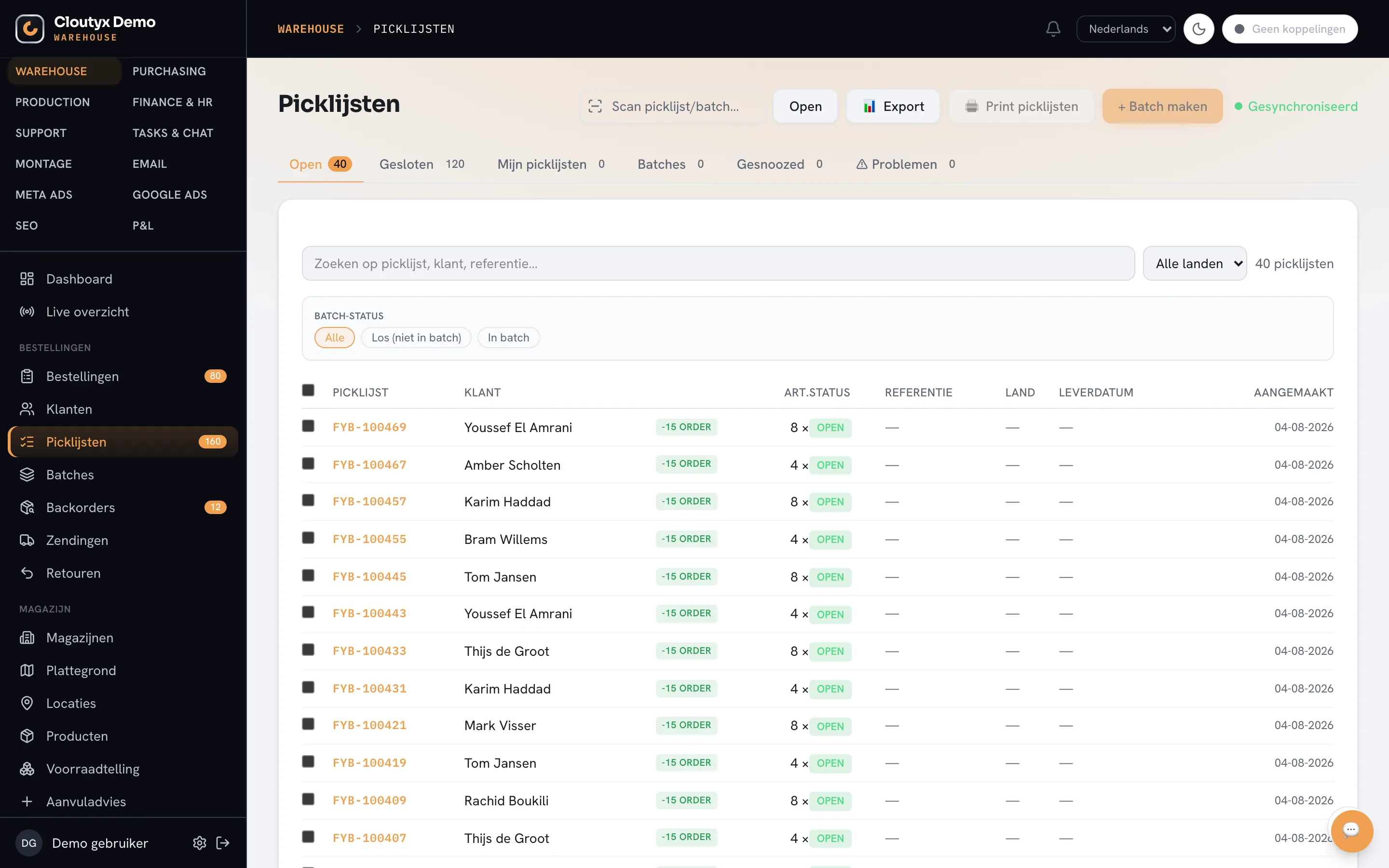 Picklijsten in batches met looproutes en voortgang.